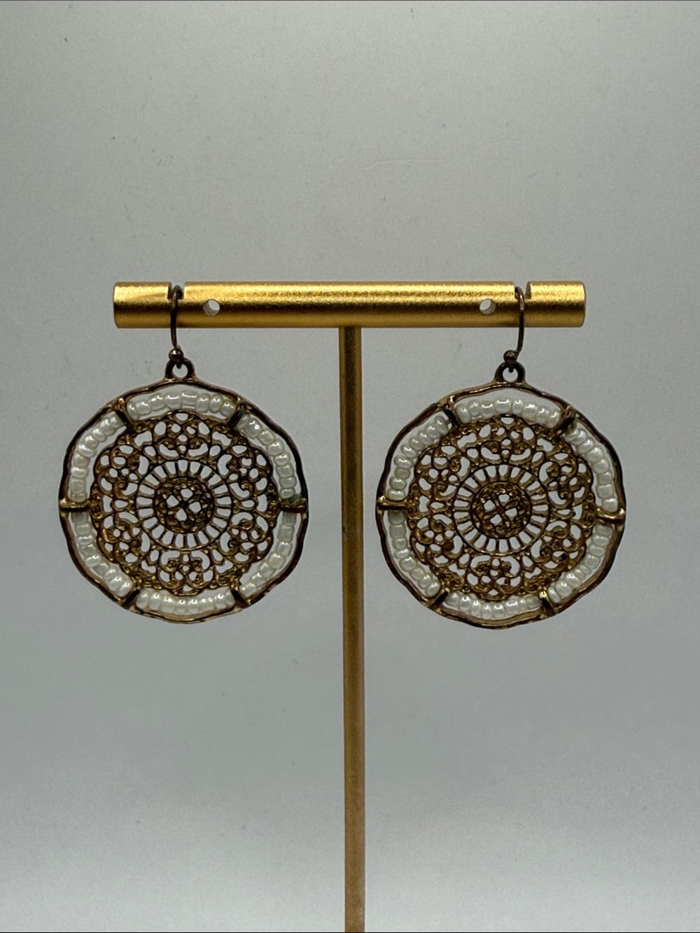 Vintage Gold Tone White Seed Beaded Filigree Dangle Drop Statement Earrings